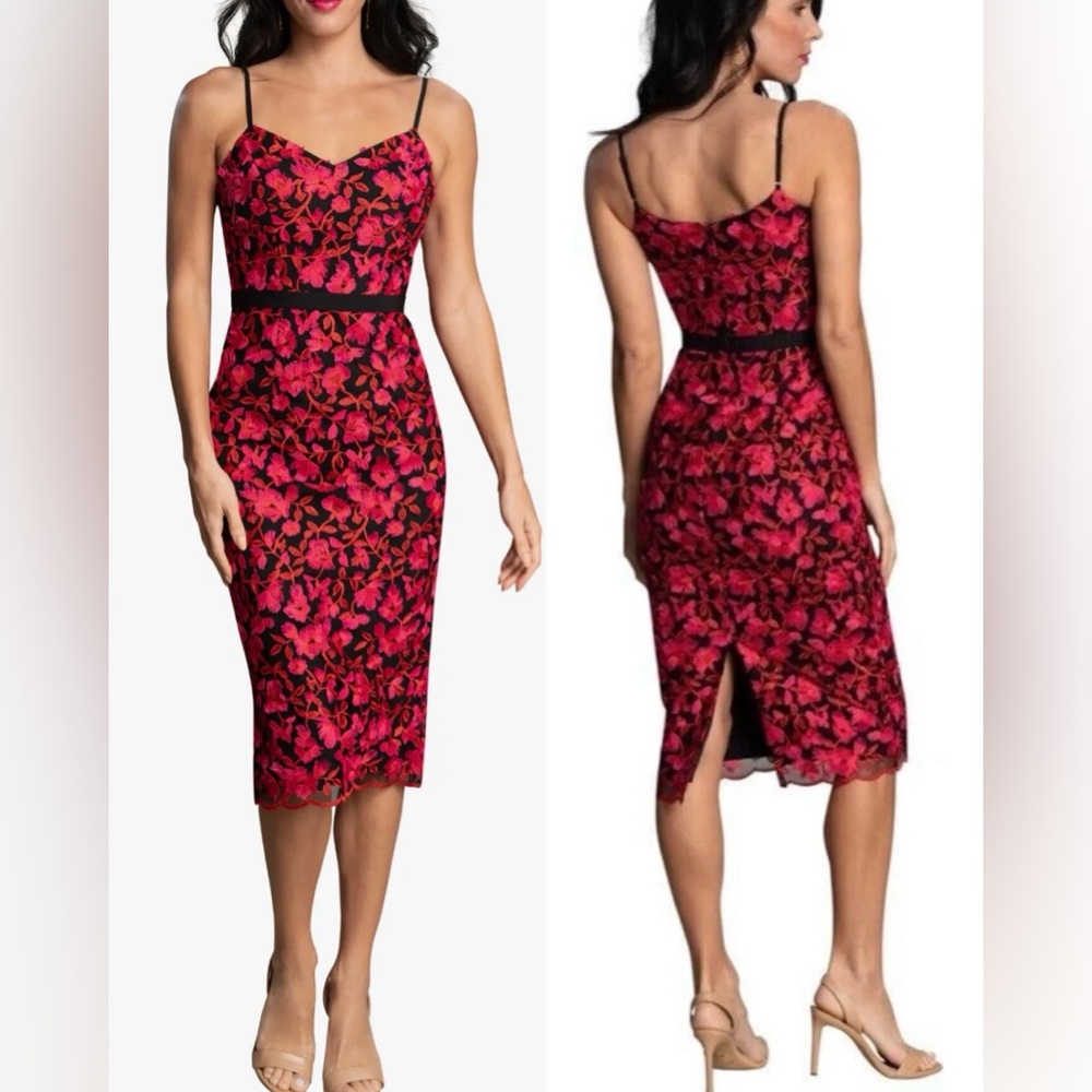 DRESS THE POPULATION Emma Pink Orange Floral 3D Embroidered Dress Sheath Bodycon